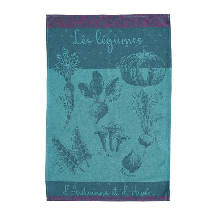 Teal towel with vegetable illustrations and text on a white background