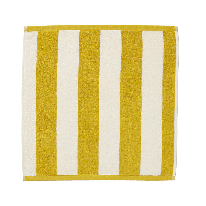 A yellow and blue striped terry tea towel.