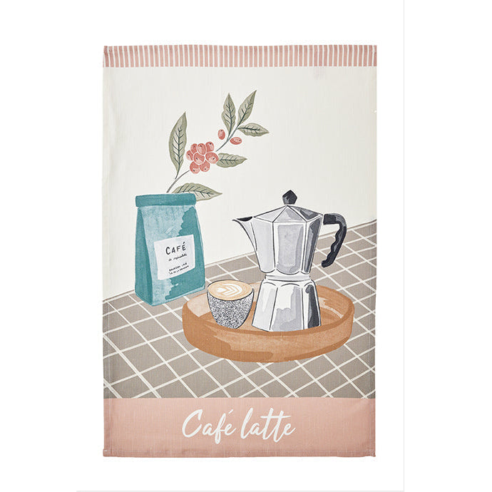 Tea towel with coffee-themed design featuring a Moka pot, coffee beans, and 'Café latte' text on a tiled background.
