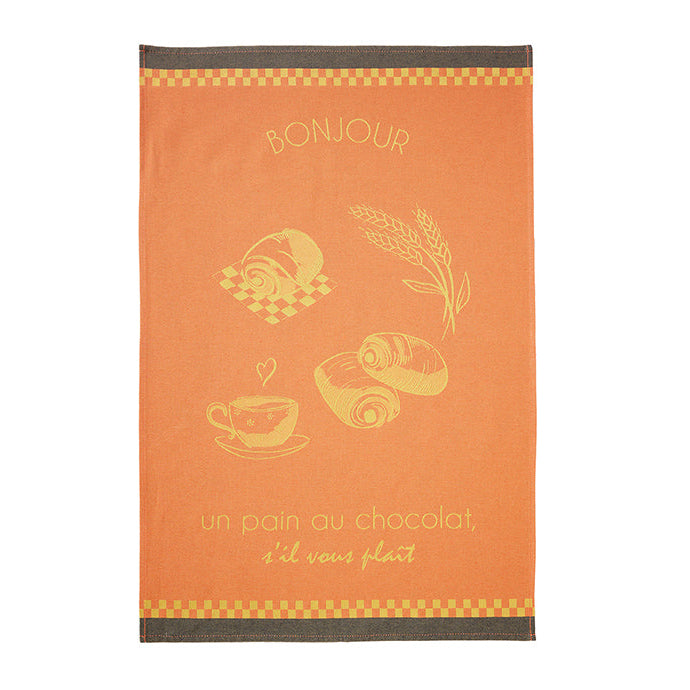 Orange towel with yellow graphics and text on a white background