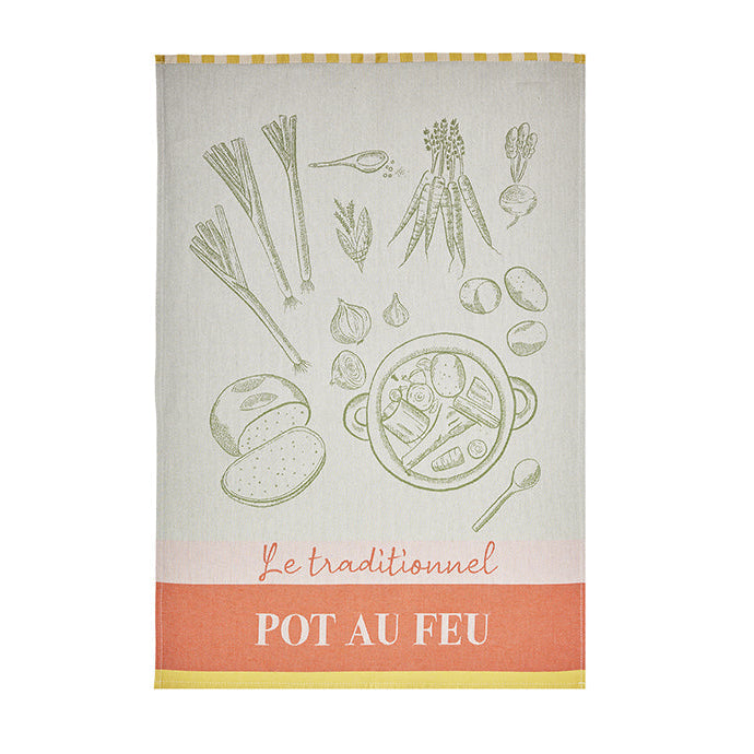 Tea towel with illustrations of cooking ingredients and 'Le traditionnel Pot Au Feu' text on a white background