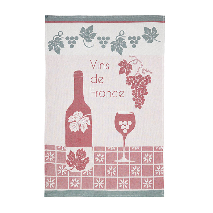 Kitchen towel with wine-themed design featuring a bottle, grapes, and glass on a white background.