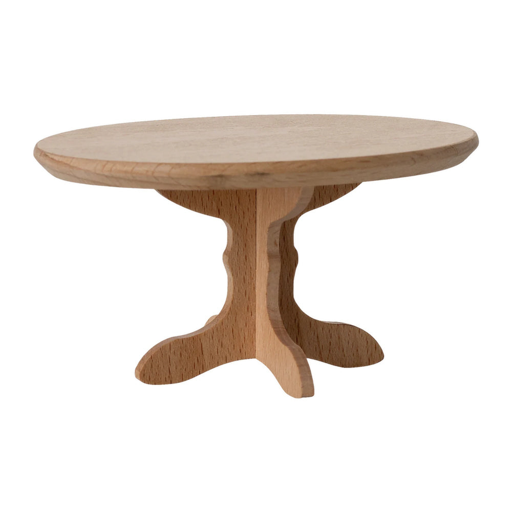 Wooden round table with a pedestal base on a white background