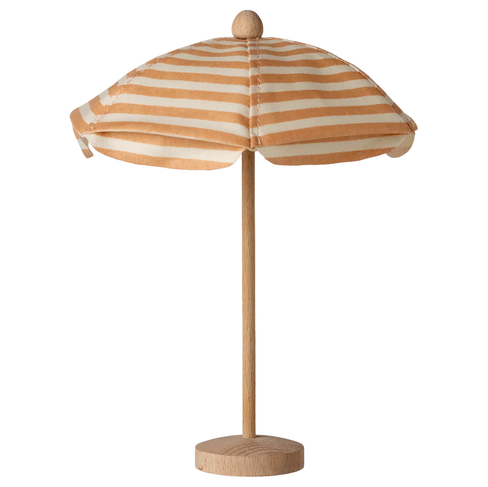 Striped umbrella with wooden base on a white background