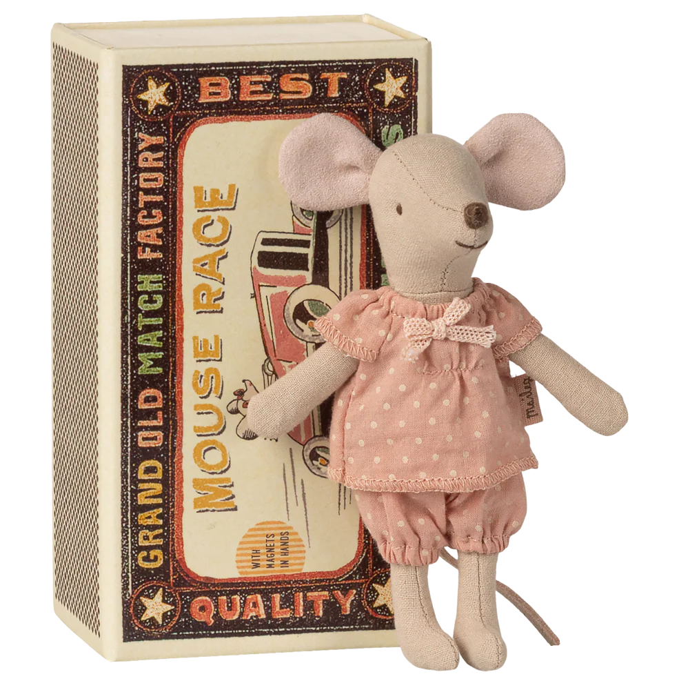 Stuffed mouse toy in a decorative box with text