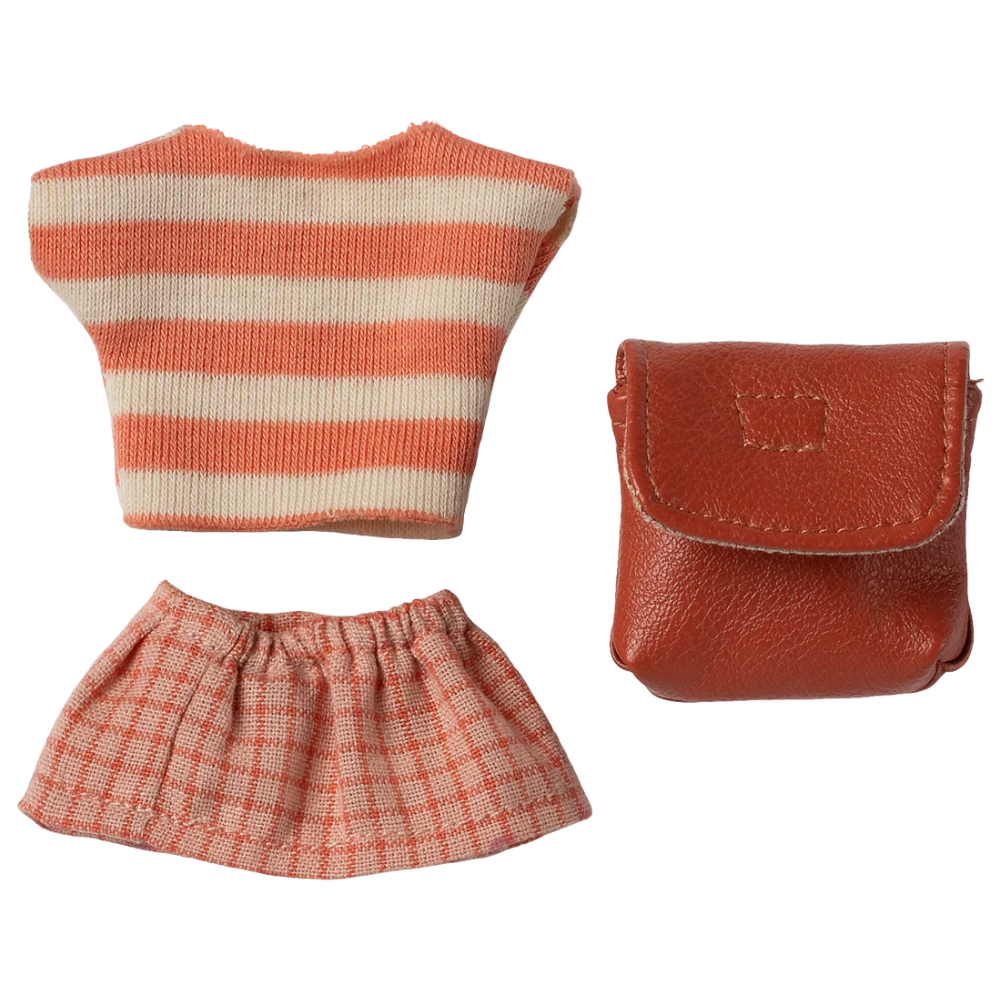 Striped top, skirt, and brown pouch on a white background