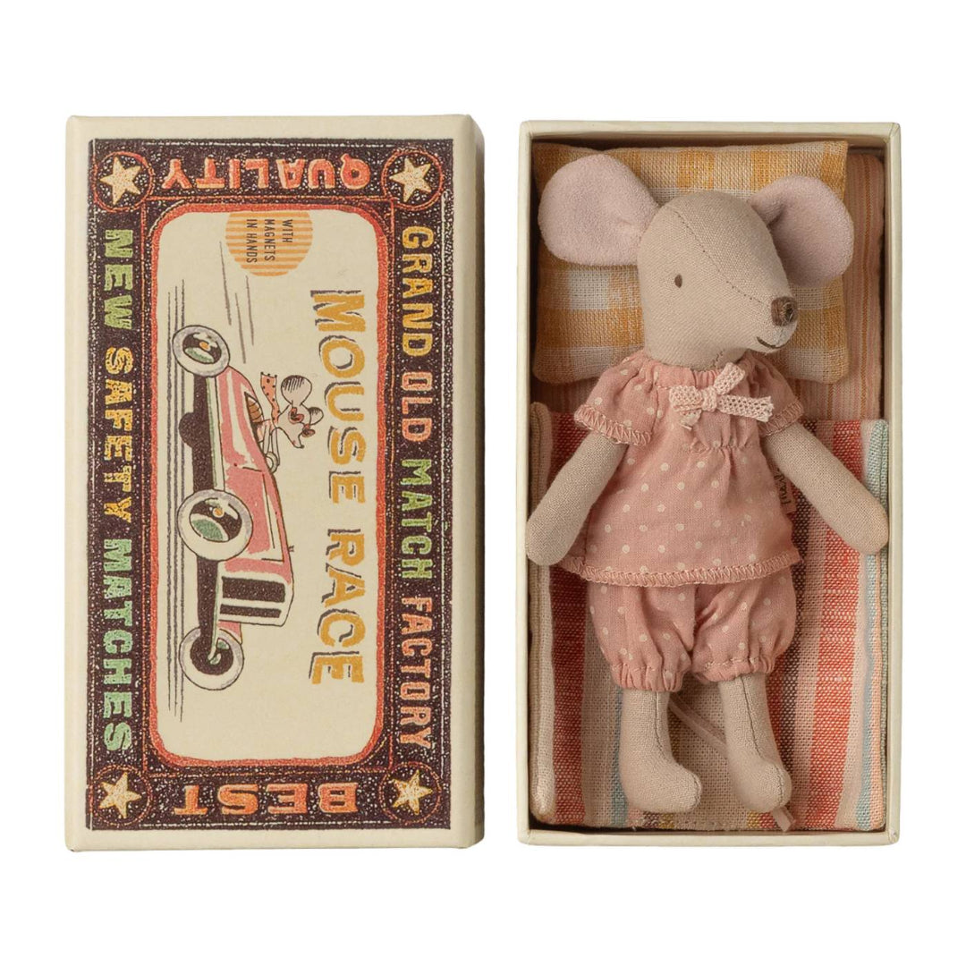 Stuffed mouse toy in a matchbox with vintage-style packaging