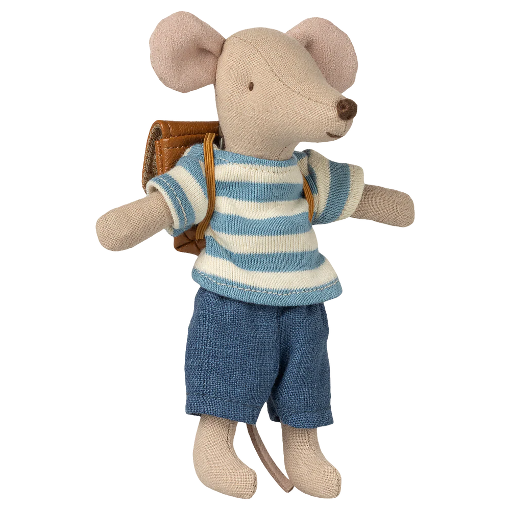 Stuffed mouse toy wearing a striped sweater and shorts with a backpack on a white background