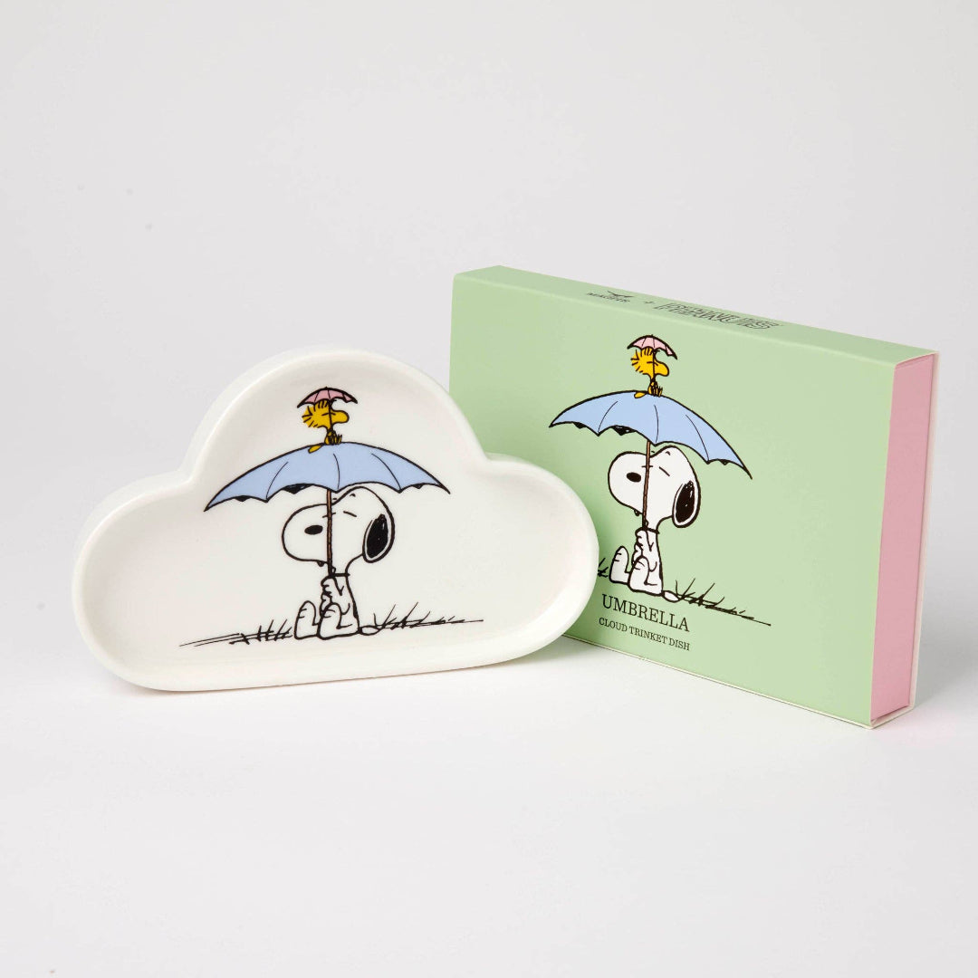 Decorative dish with Snoopy design and a matching box on a white background