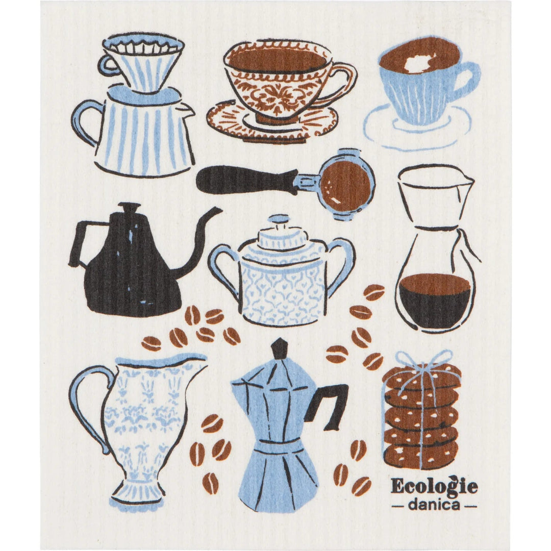 Dishcloth with coffee-themed illustrations and 'Ecologie danica' branding.