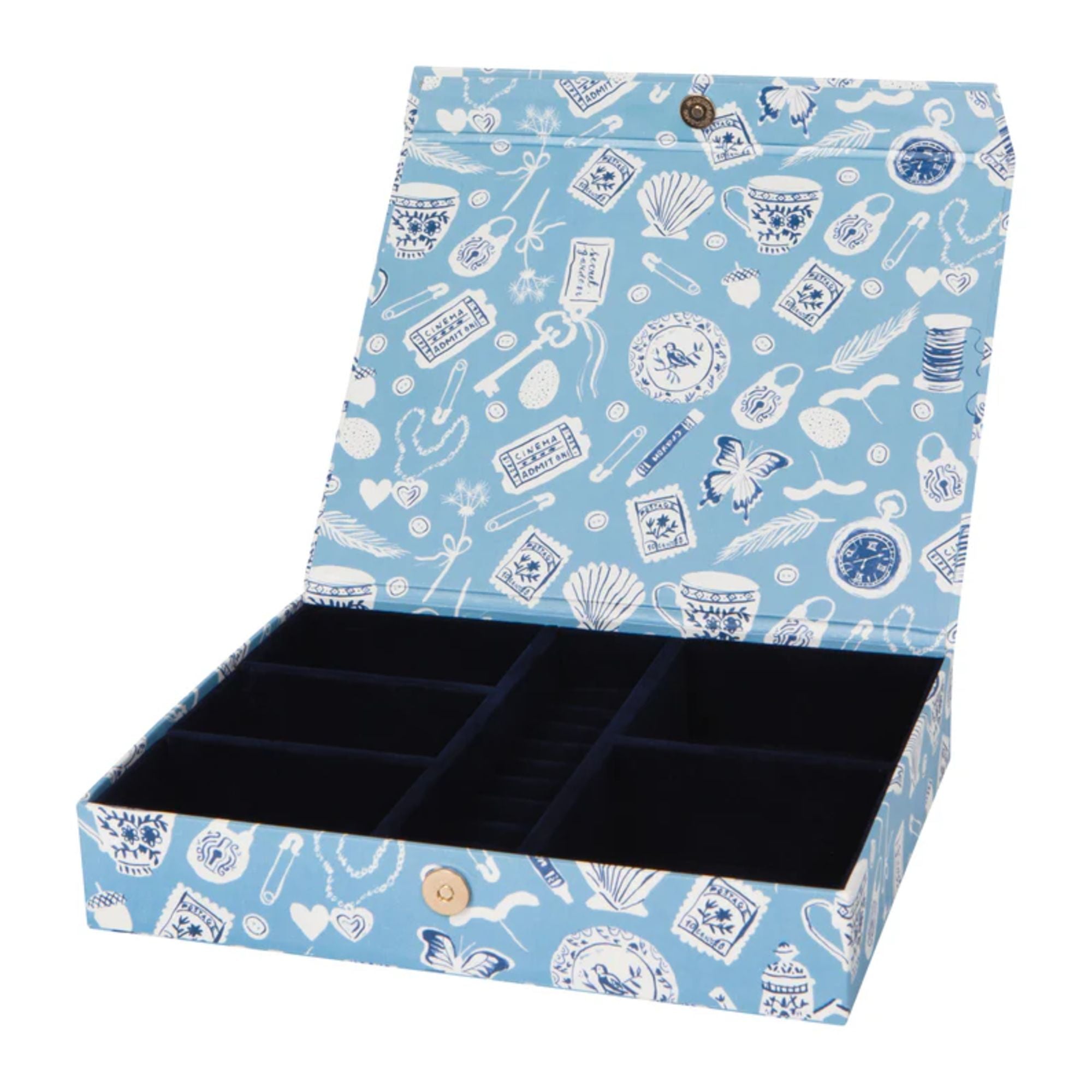 Blue jewelry box with white patterns on a white background