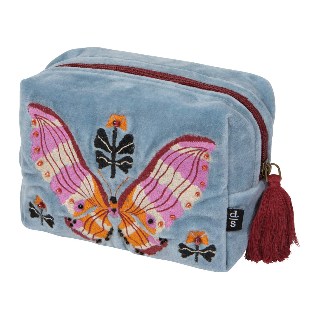 Blue pouch with butterfly design and tassel on a white background