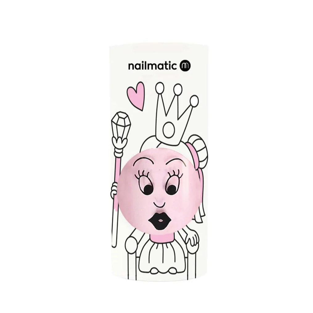 Nail art design sheet with cartoon character holding a heart and a broom, branded 'nailmatic'.