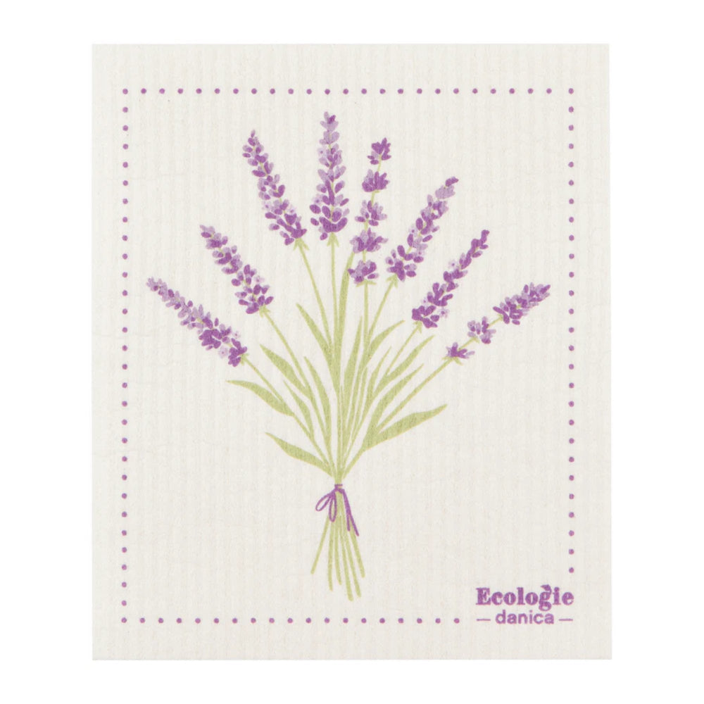 Danica Ecologie dishcloth with lavender design on a white background