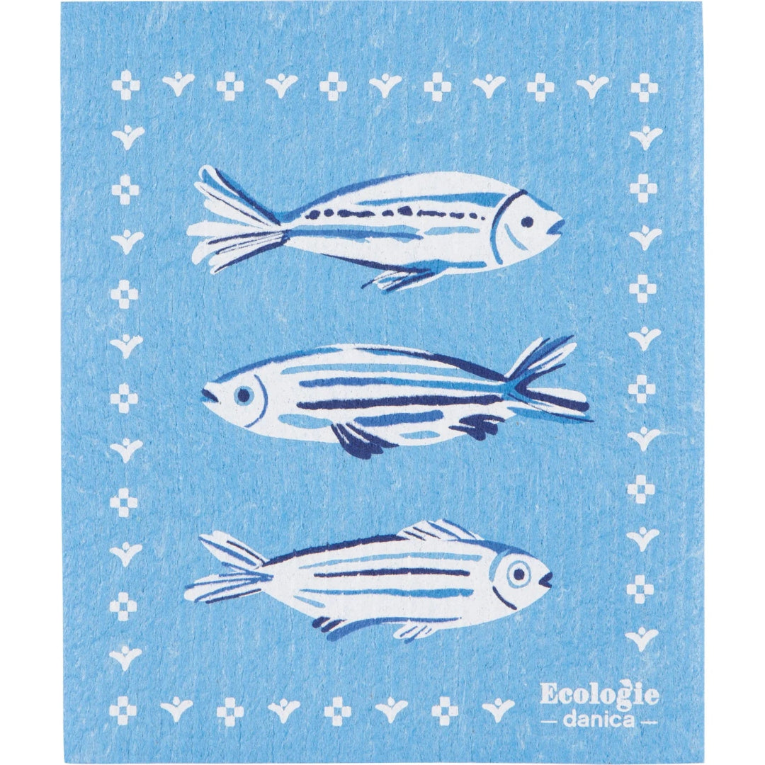Blue dishcloth with white fish patterns