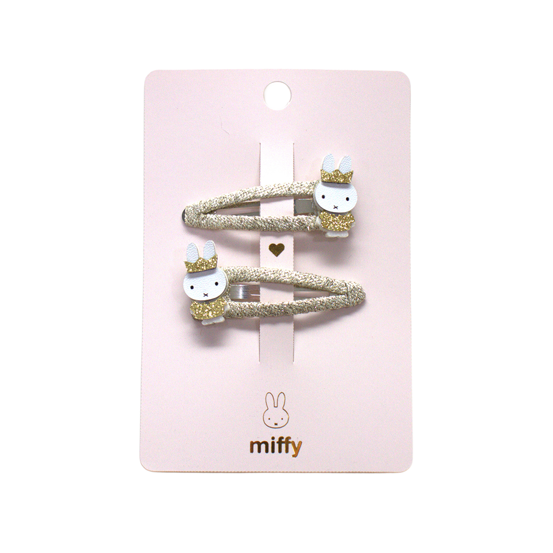 Set of glittery miffy-shaped hair clips on a pink card with 'miffy' branding.