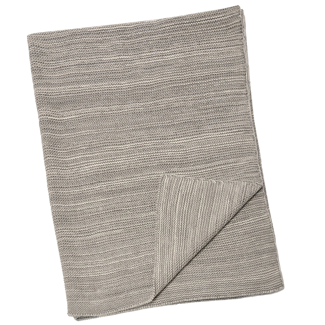 Light grey marled-knit baby blanket laid out on a surface.