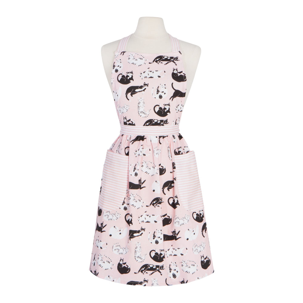 Pink apron with black cat pattern on a white background