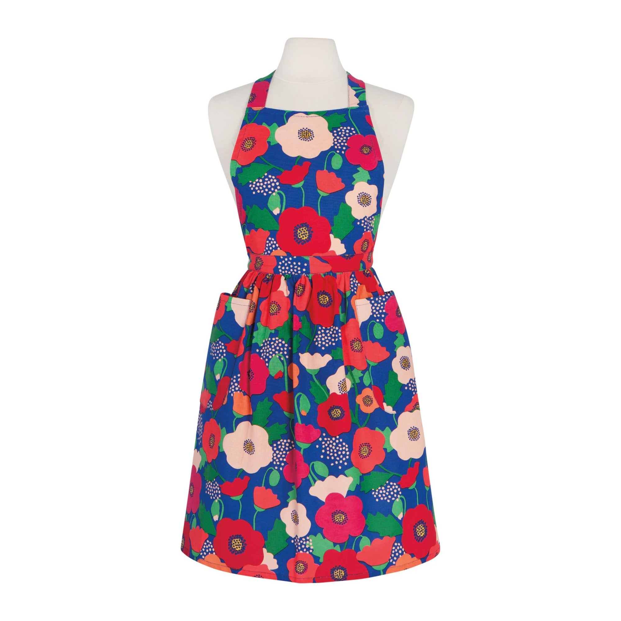 Floral apron on a mannequin against a white background