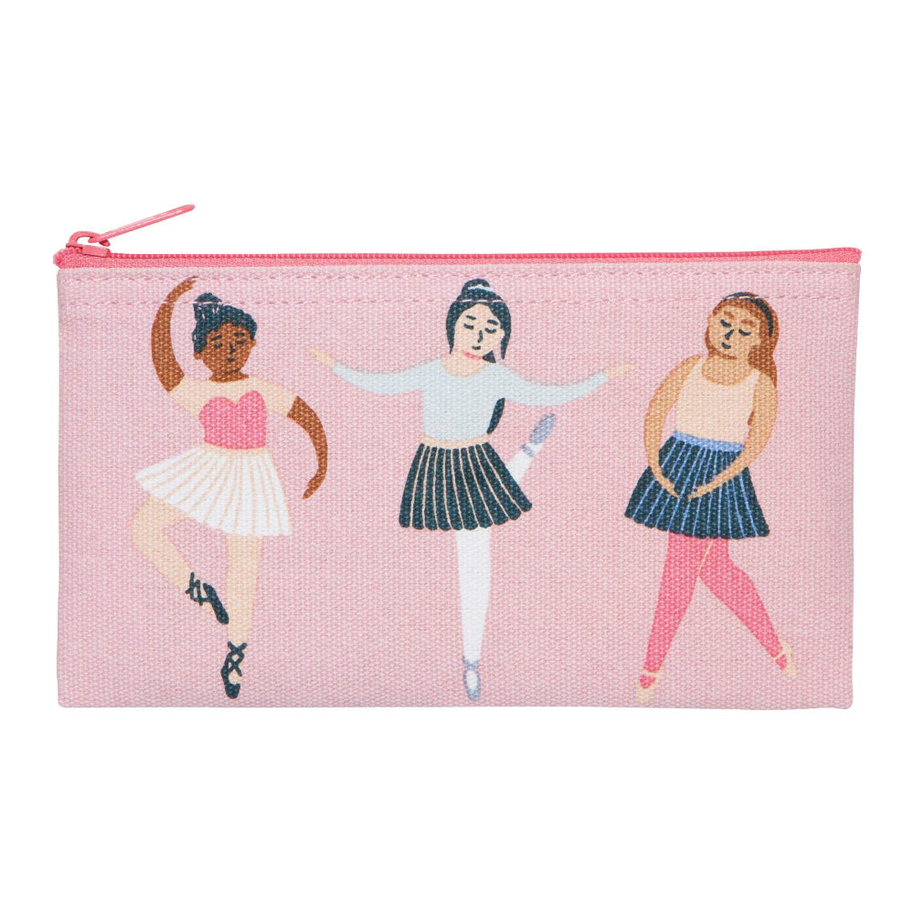 Pouch with illustrations of three ballerinas on a pink background