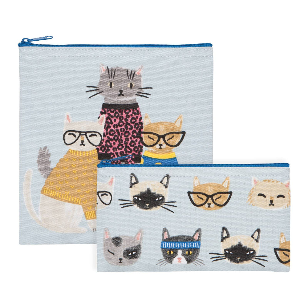 Two pouches with cat illustrations on a light blue background