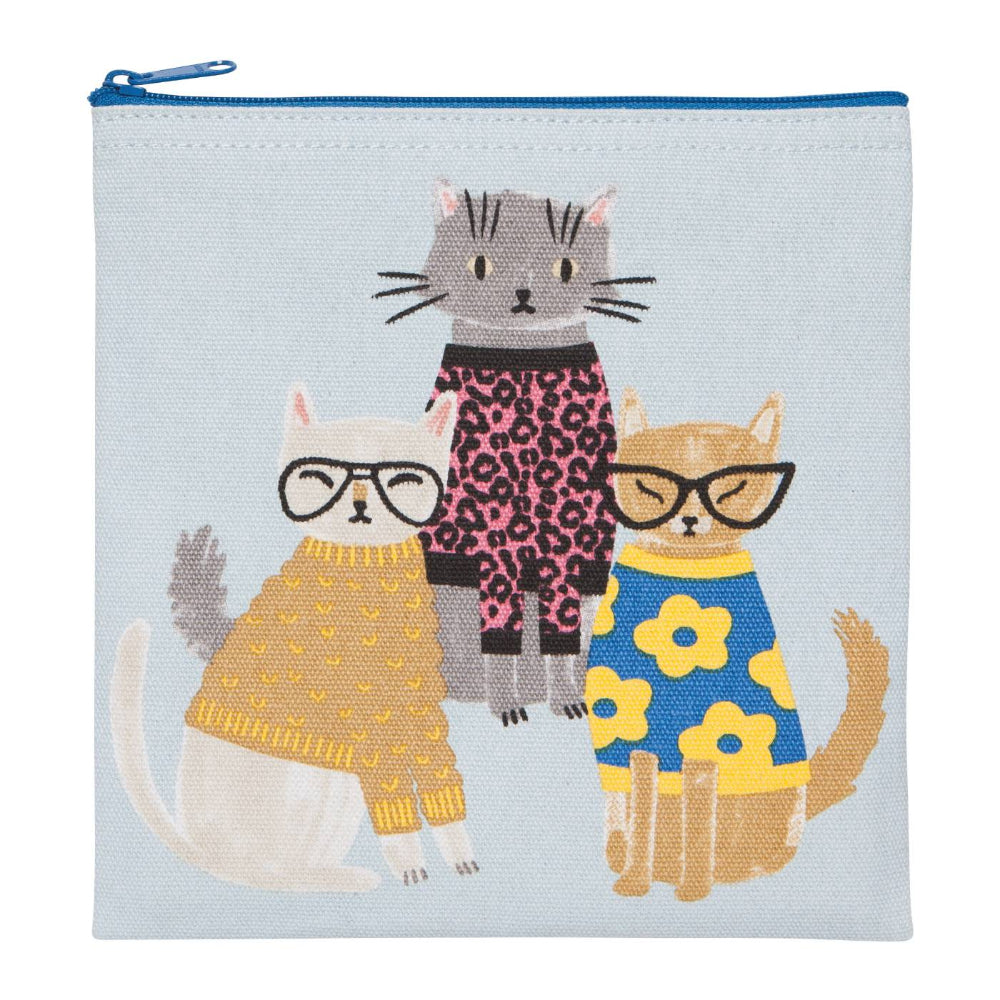 Pouch with cartoon cats wearing glasses and colorful outfits on a light blue background