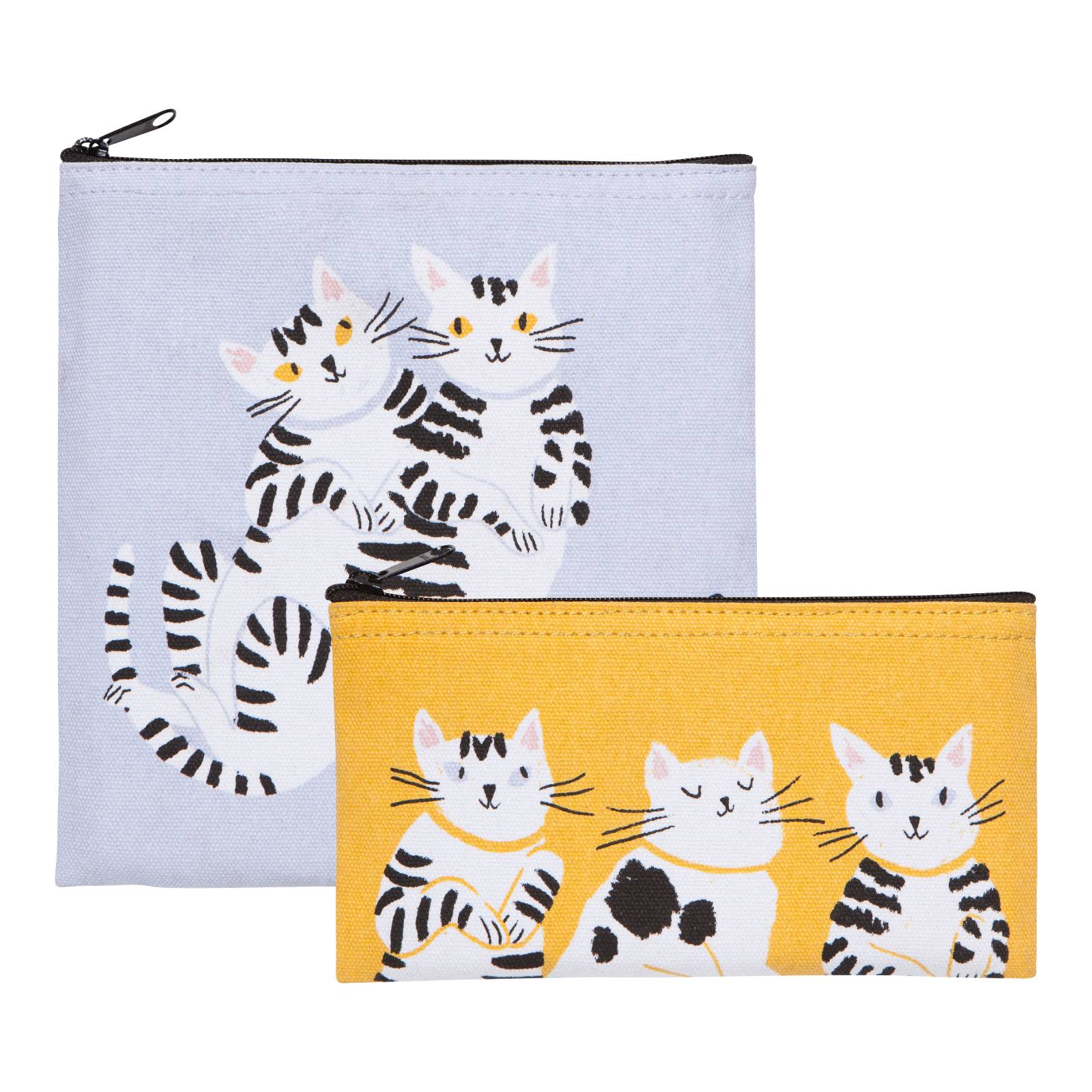 Two pouches with cat illustrations on a white background