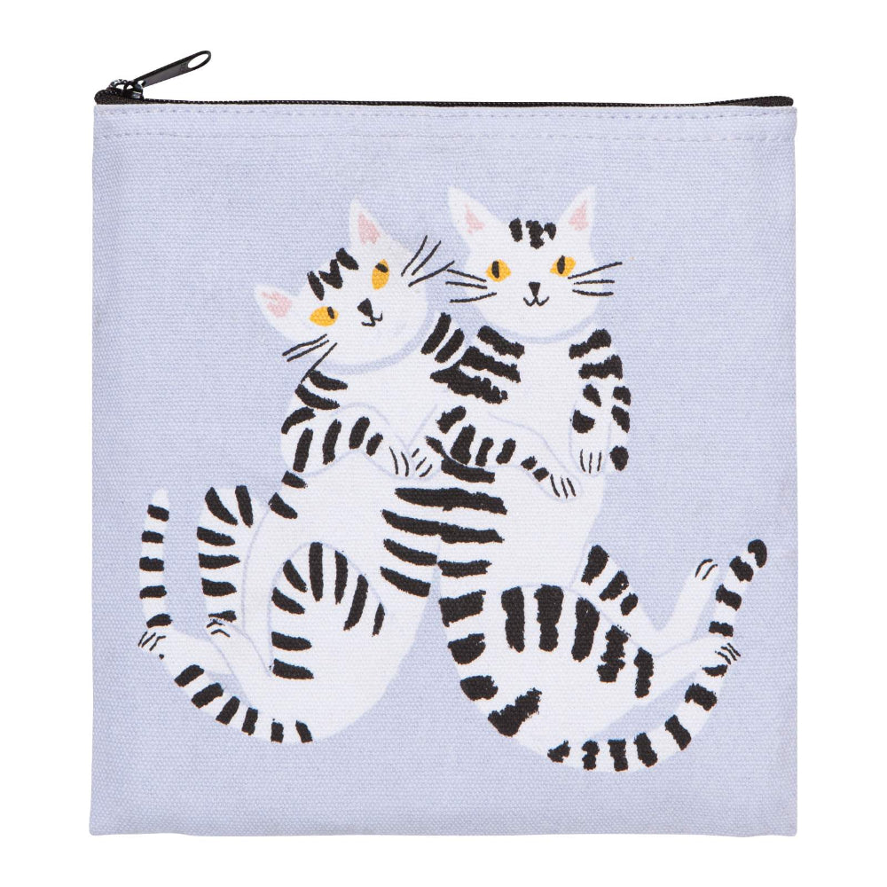 Pouch with two striped cats design on a light blue background