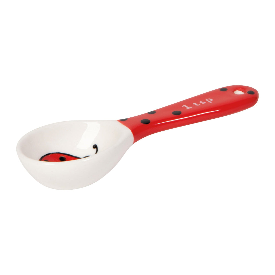 Measuring spoon with a ladybug design on a white background