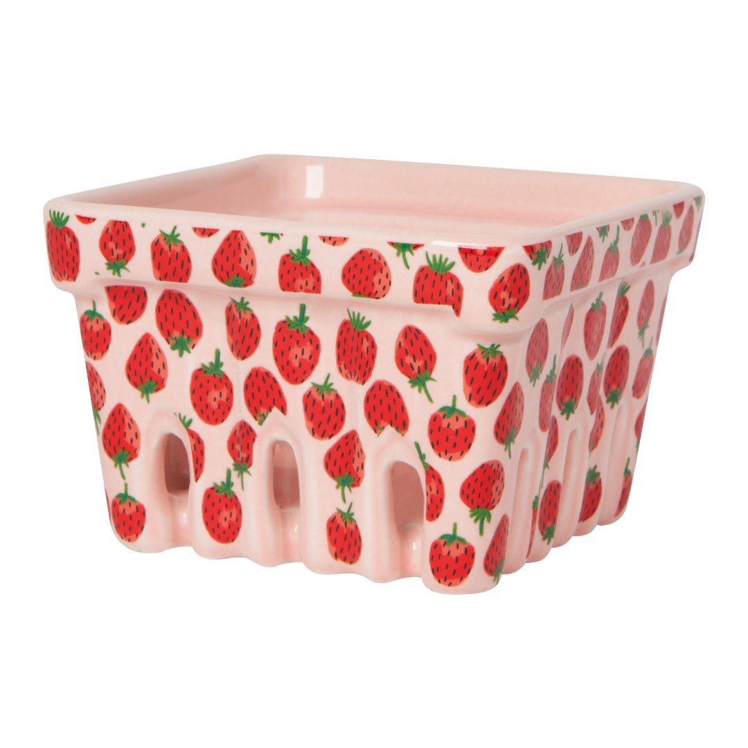 Rectangular pink ceramic planter with strawberry pattern on a white background