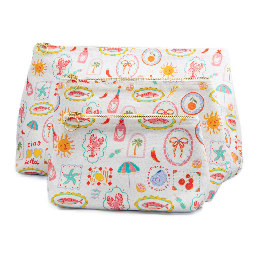 Colorful patterned pouch with a zipper on a white background
