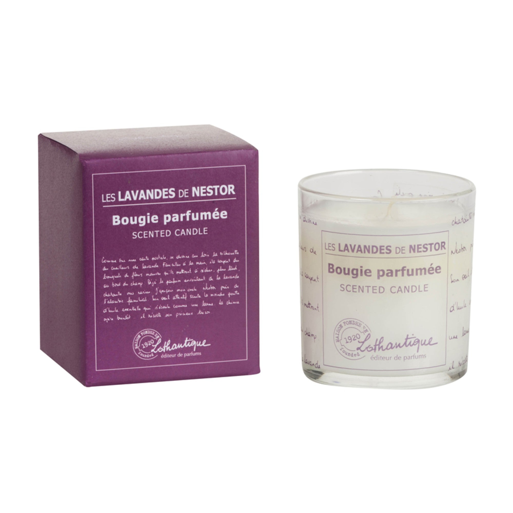 Scented candle with packaging labeled 'Les Lavandes de Nestor' on a white background