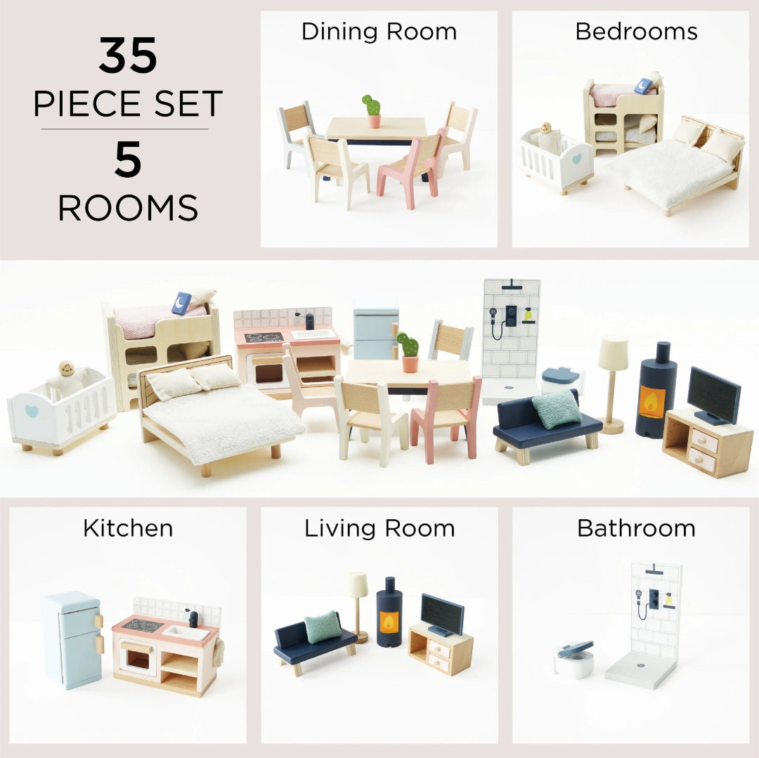 Set of miniature furniture pieces for a 35-piece set with 5 rooms including dining room, bedrooms, kitchen, living room, and bathroom.