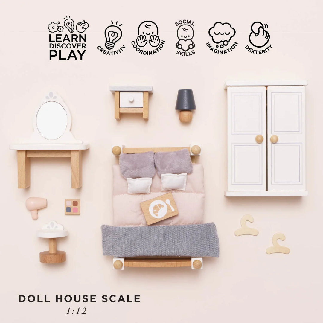 Set of miniature dollhouse furniture and accessories on a light pink background with icons and text.