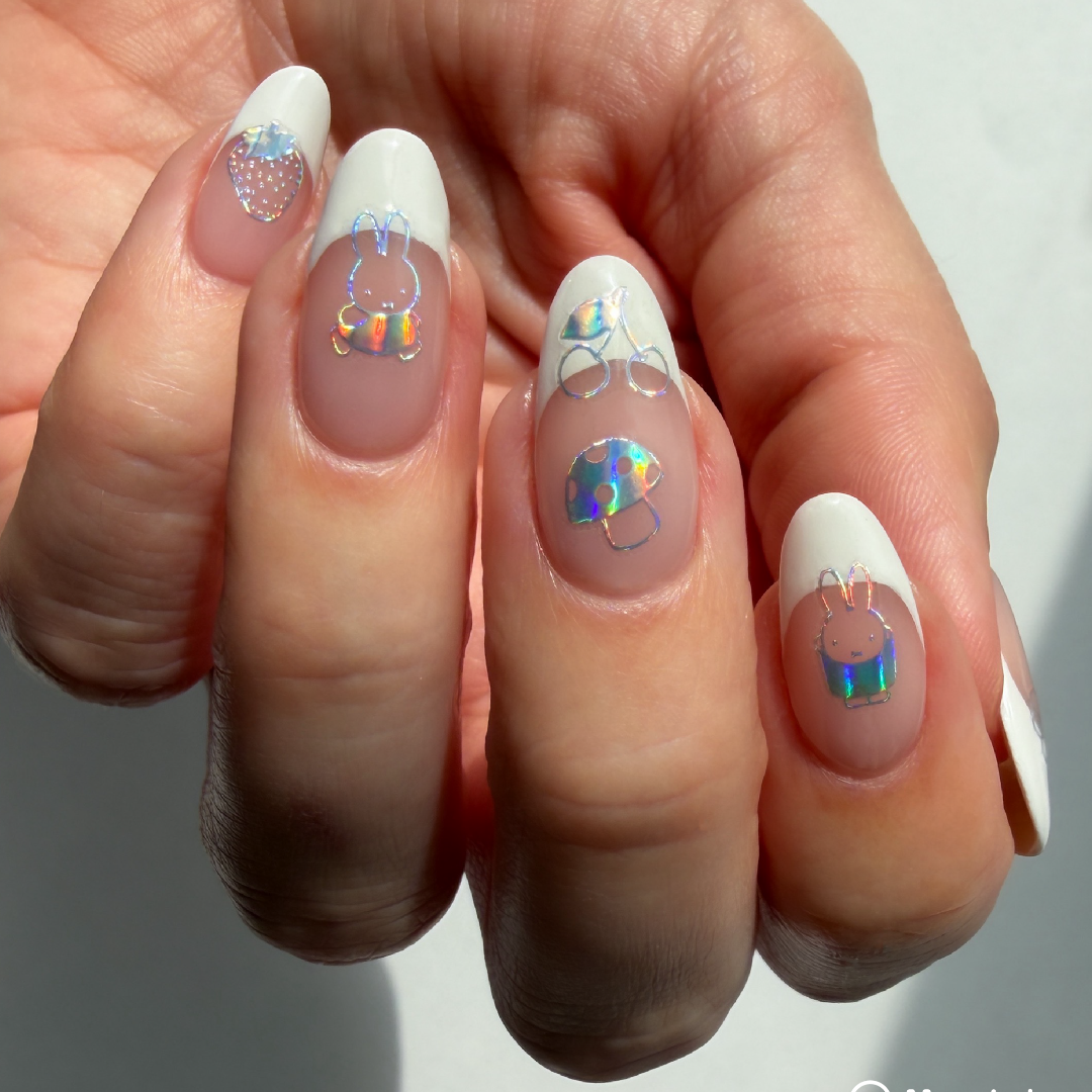 Nails with Miffy and mushroom nail stickers 