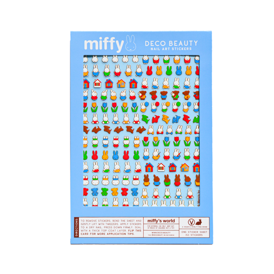 Packaging of Miffy nail art stickers with colorful designs on a blue background