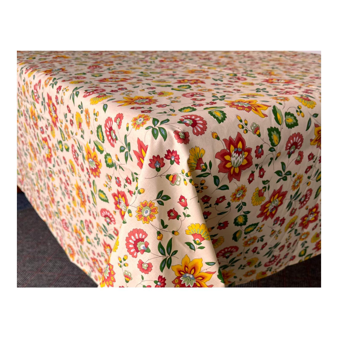 Floral patterned tablecloth on a table