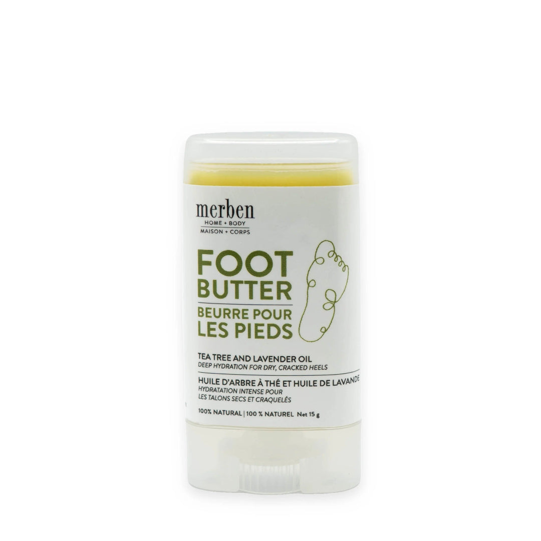 Merben Foot Butter stick in a clear plastic container. The label is white with green text and a footprint graphic, on a white background.