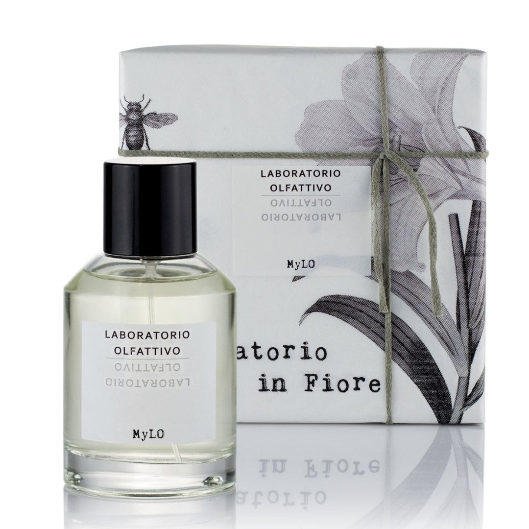A 100ml Eau de Parfum bottle with the brand name 'Laboratorio Olfattivo' and the product name 'MyLO' on the label. 