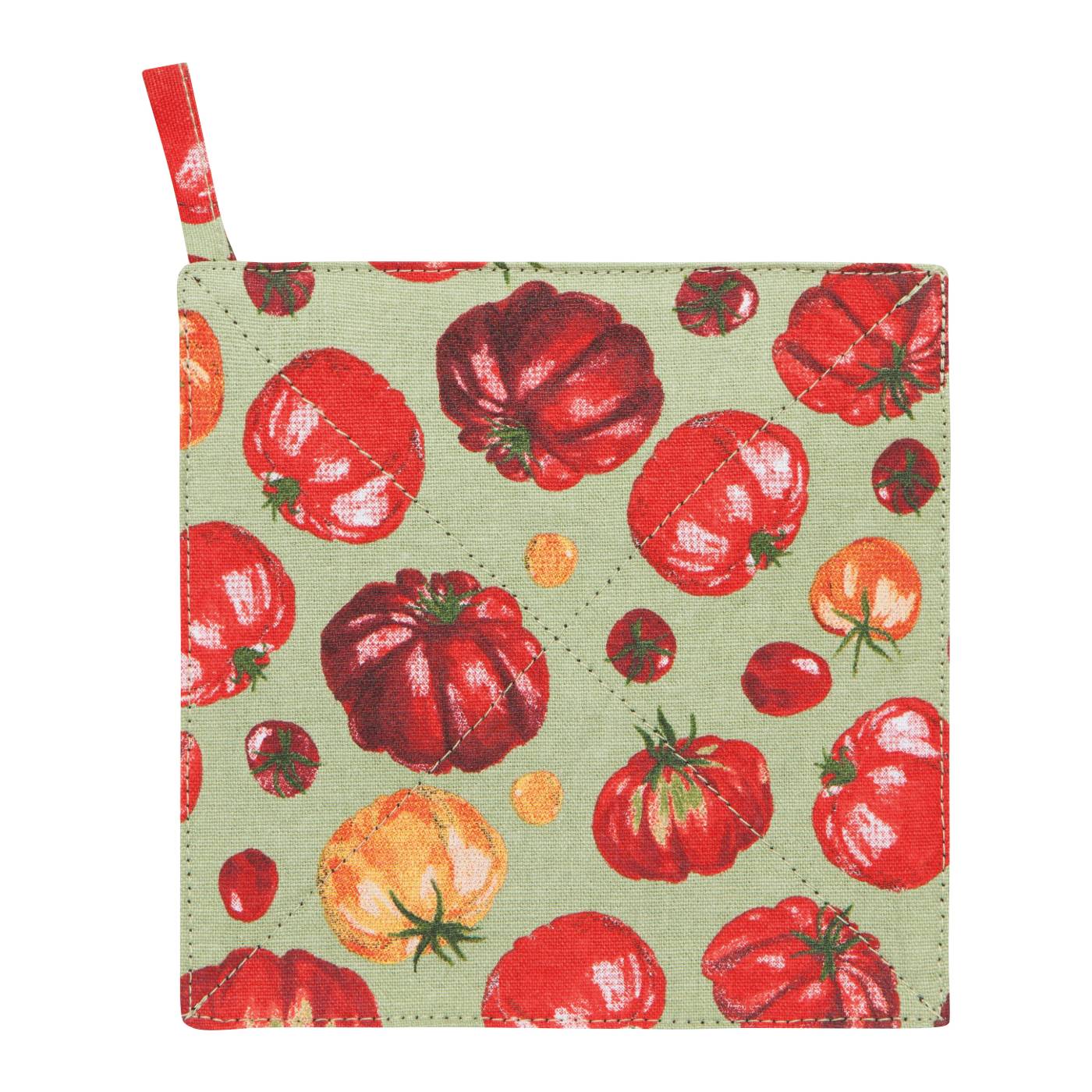 Fabric pot holder with red tomato pattern on a green background