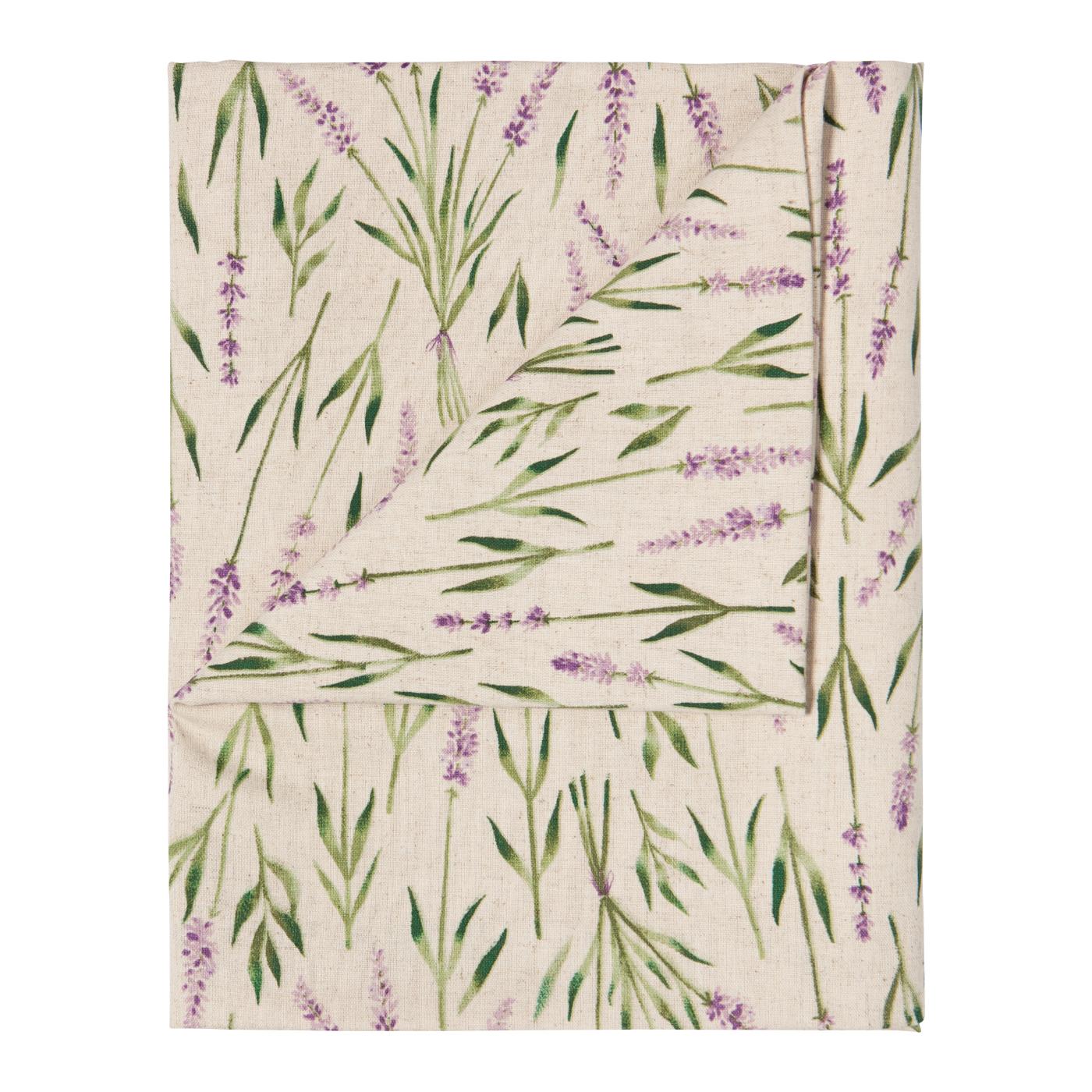 Floral patterned fabric with green leaves and purple flowers on a white background