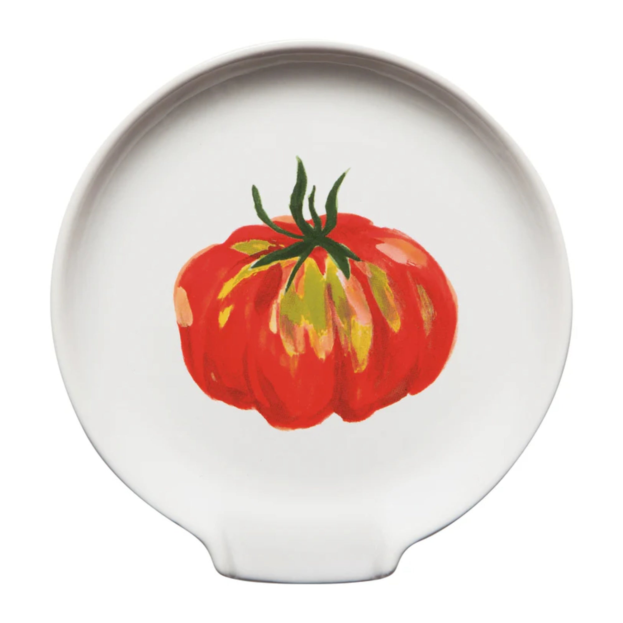 Round white plate with a red tomato illustration on a white background