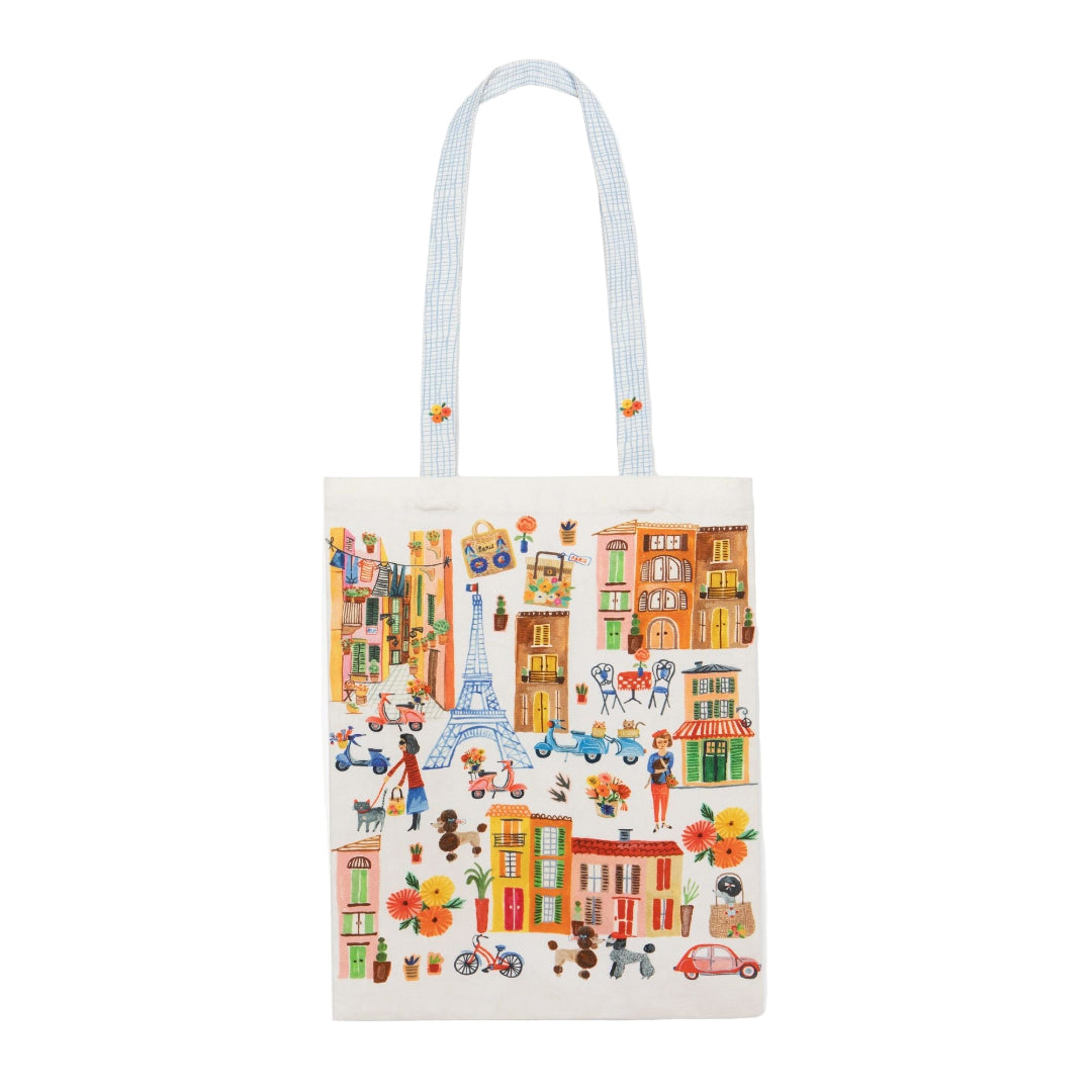 Tote bag with Paris-themed design on a white background