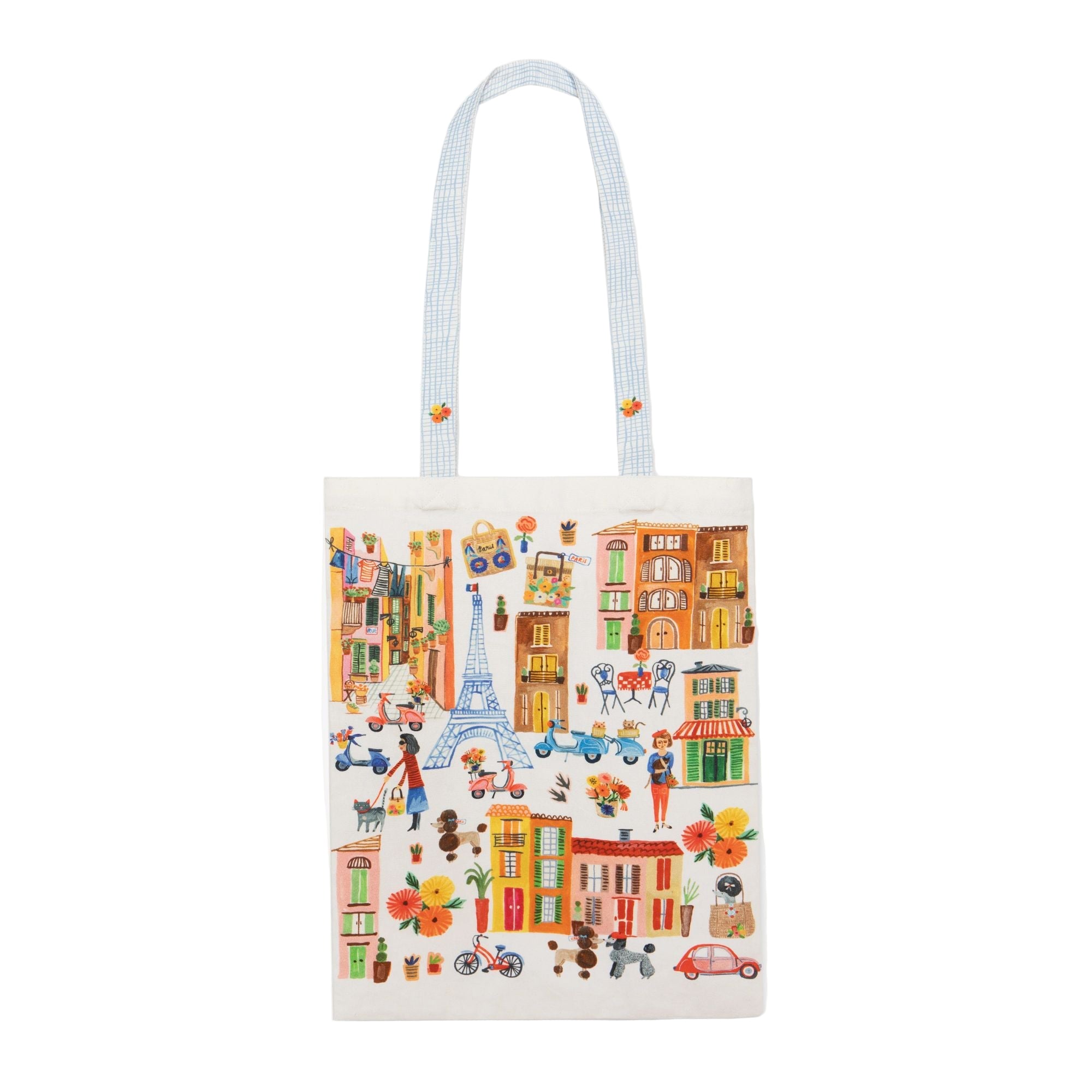 Tote bag with Paris-themed design on a white background