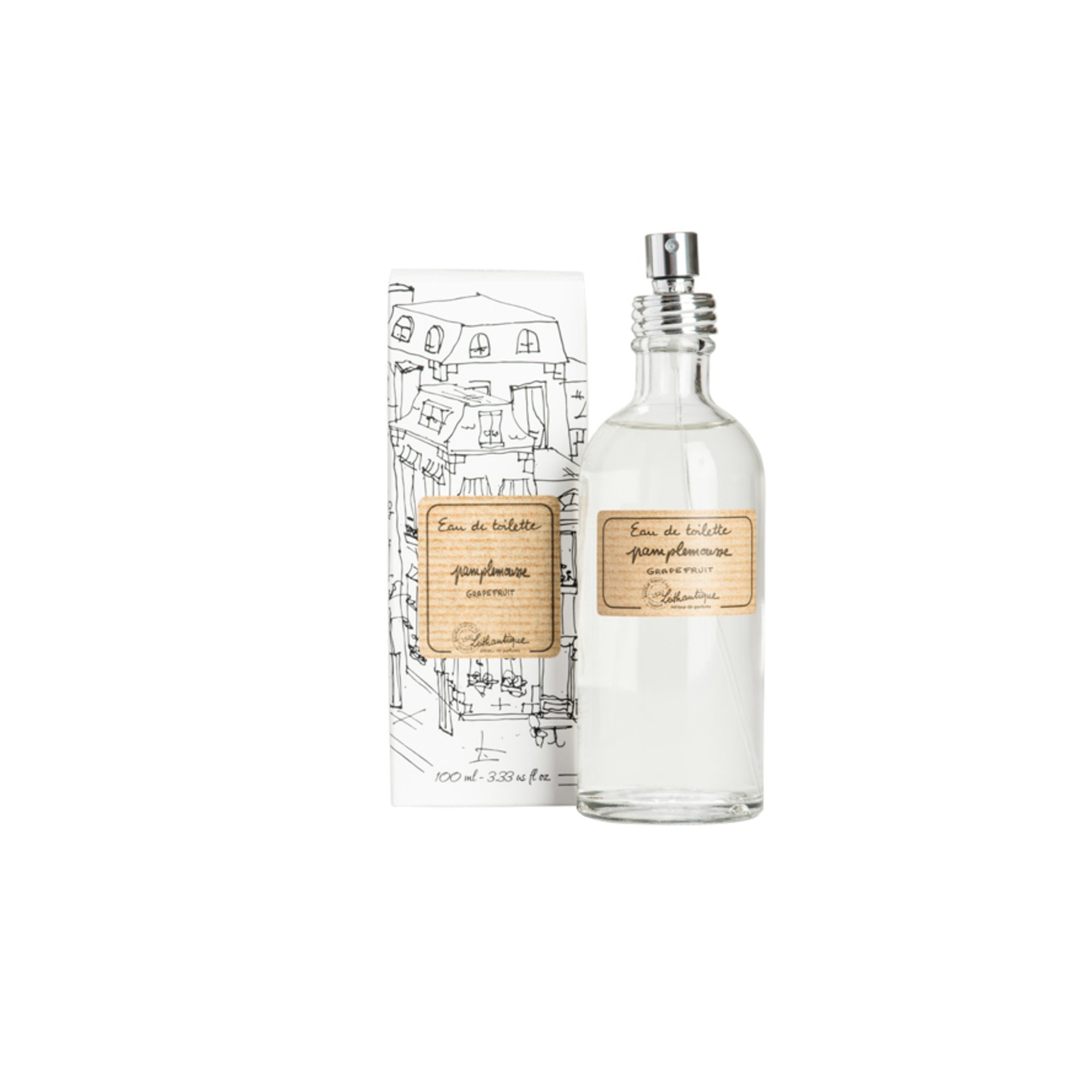 Perfume bottle with packaging on a white background