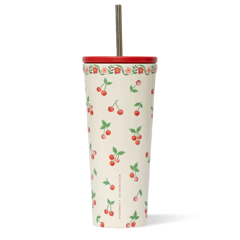 Tumbler with cherry pattern on a white background
