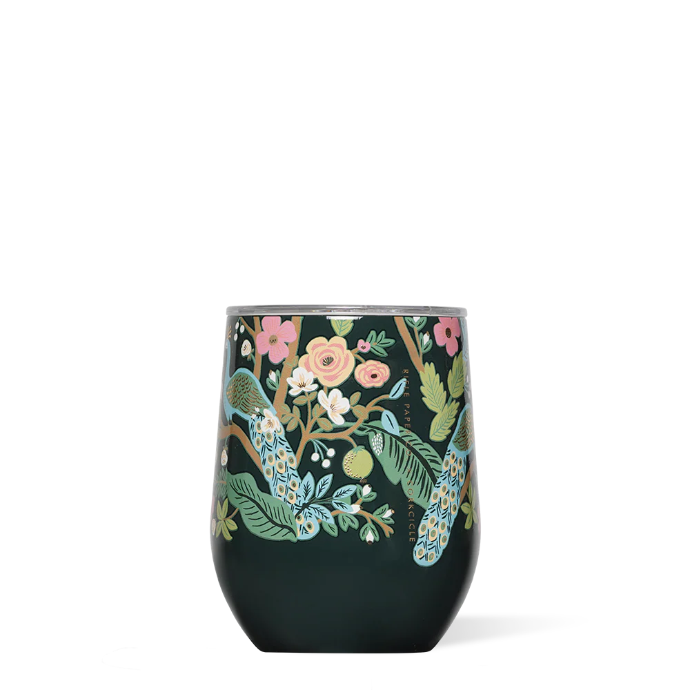 Dark green tumbler with floral and bird design on a white background