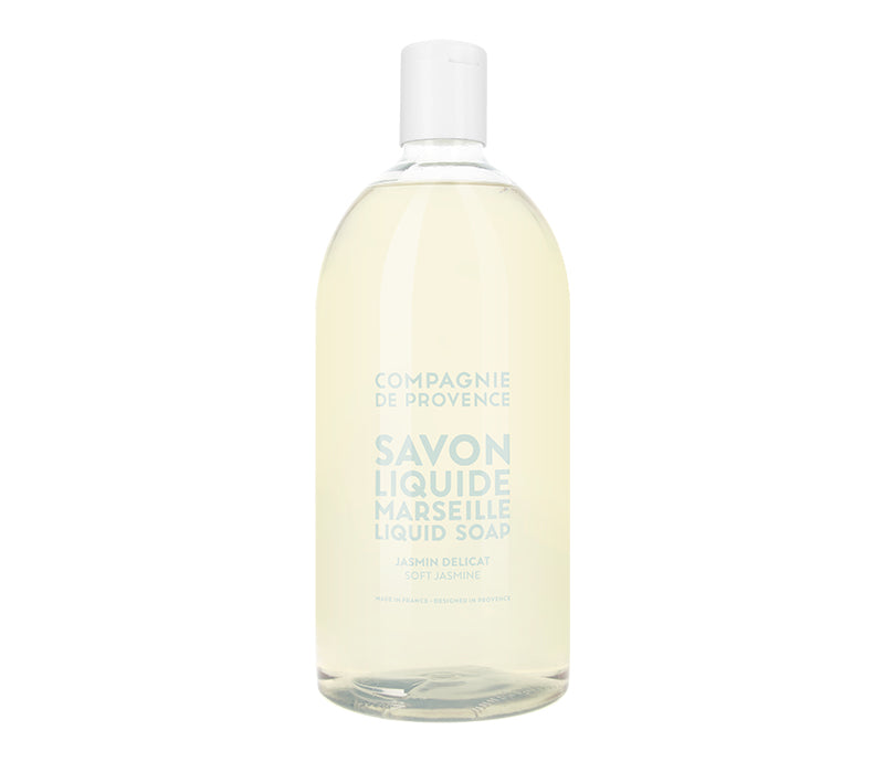 A clear plastic bottle containing liquid hand soap with a label that reads 'Compagnie de Provence SAVON Liqueur Marseille'.
