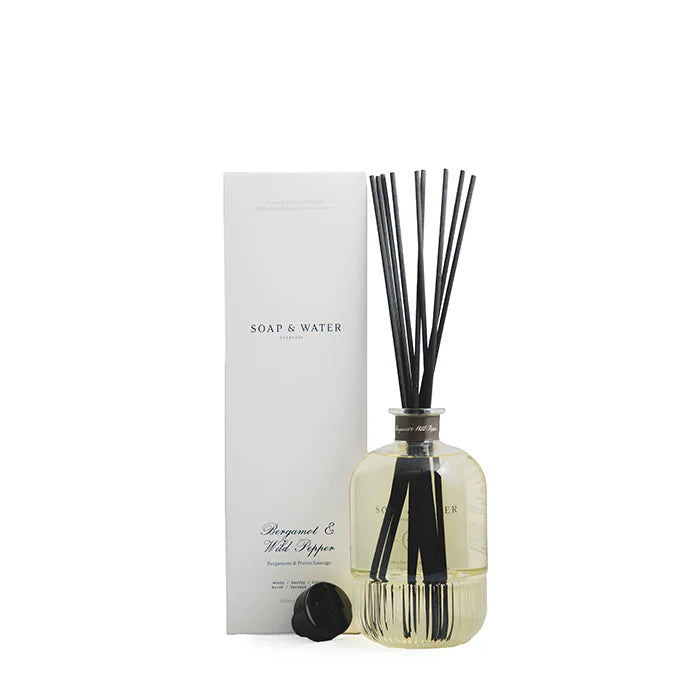 Diffuser bottle with black sticks and packaging on a white background