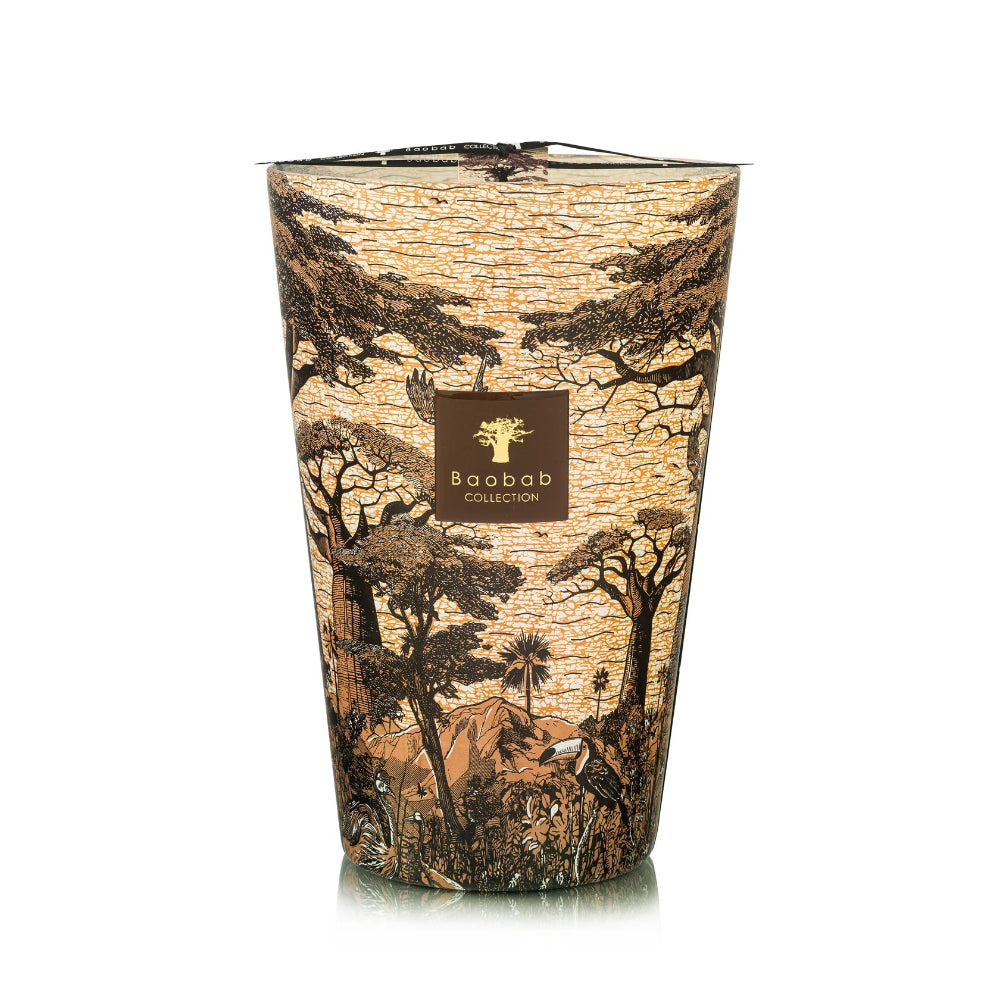 Decorative candle in a container with tree design and 'Baboon' branding on a white background